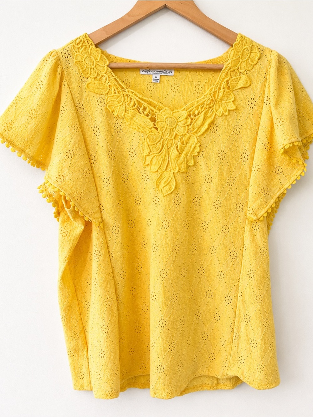 Yellow Lace Trim eyelet flutter short sleeve Women's Top